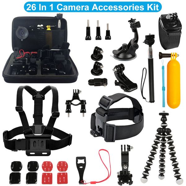 26 In 1 Camera Accessories Kit Fit For GoPro Hero 5/4/3+/3/2/1 Camera Outdoor Sports Action Camera Accessories Kit w/ Chest Strap Selfie Stick Floating Mount Tripod Stand