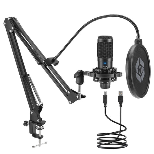 Studio Condenser USB Microphone Computer PC Microphone Kit with Adjustable Scissor Arm Stand and Mic Gain Knob Shock Mount for Instruments Voice Overs,Streaming Broadcast and YouTube Videos