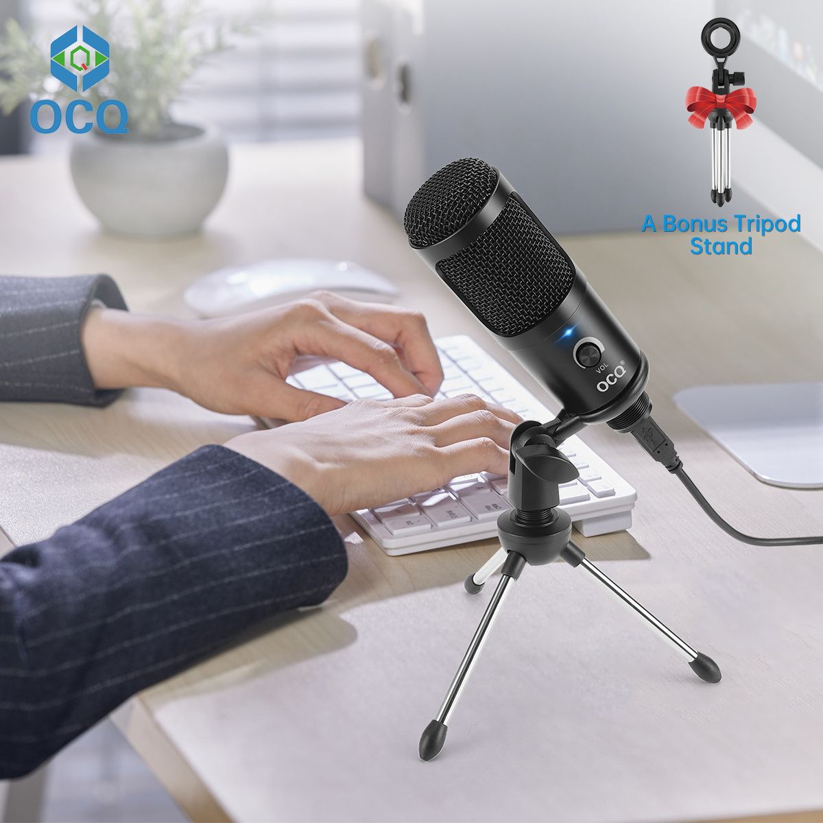 Studio Condenser USB Microphone Computer PC Microphone Kit with Adjustable Scissor Arm Stand and Mic Gain Knob Shock Mount for Instruments Voice Overs,Streaming Broadcast and YouTube Videos