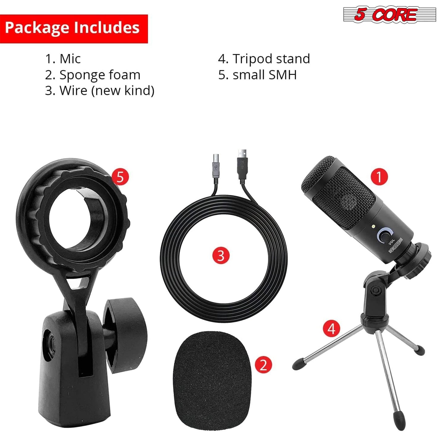 5Core Recording Microphone Podcast Bundle w Condenser Mic Desk Stand Foam Cover Shock Mount - RM BLK TRI