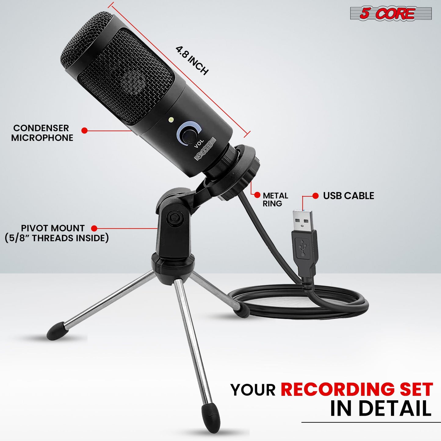 5Core Recording Microphone Podcast Bundle w Condenser Mic Desk Stand Foam Cover Shock Mount - RM BLK TRI