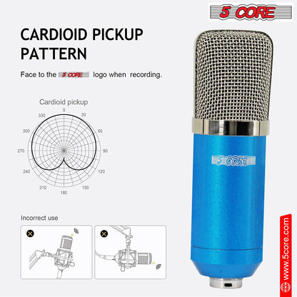 5 CORE XLR Microphone Condenser Mic for Computer Gaming, Podcast W/Tripod Stand Kit for Streaming, Recording, Vocals, Voice, Cardioids Studio Microphone RM 7 BLU