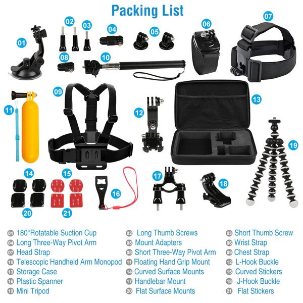 26 In 1 Camera Accessories Kit Fit For GoPro Hero 5/4/3+/3/2/1 Camera Outdoor Sports Action Camera Accessories Kit w/ Chest Strap Selfie Stick Floating Mount Tripod Stand